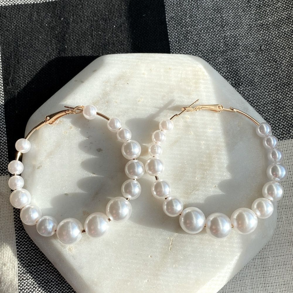 Pearl Hoop Earrings Gold Cream Ivory White Jewelry Women Accessory Cocktail